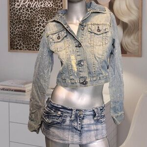 Brody Jeans Cropped Paint-Splatter Ultra-Fitted Y2K Jean Jacket